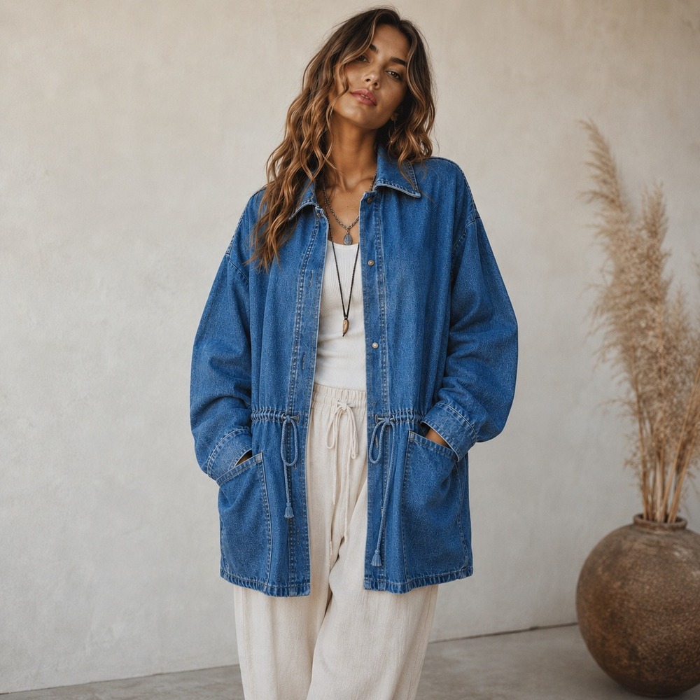 Avon Style Denim Jacket Coat Size XL? Oversized Drawstring Pockets Chore Jacket